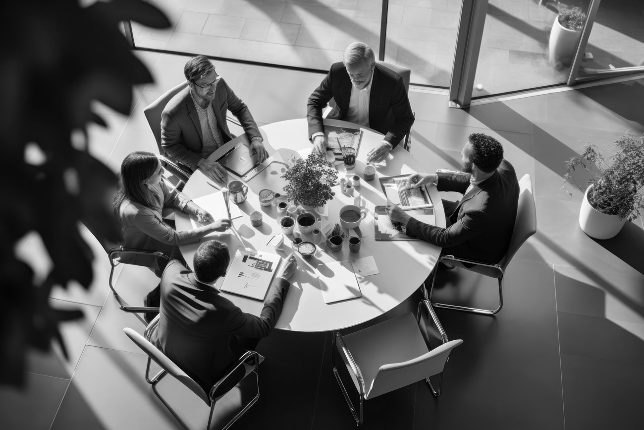 Business professionals discussing strategy around a conference table.